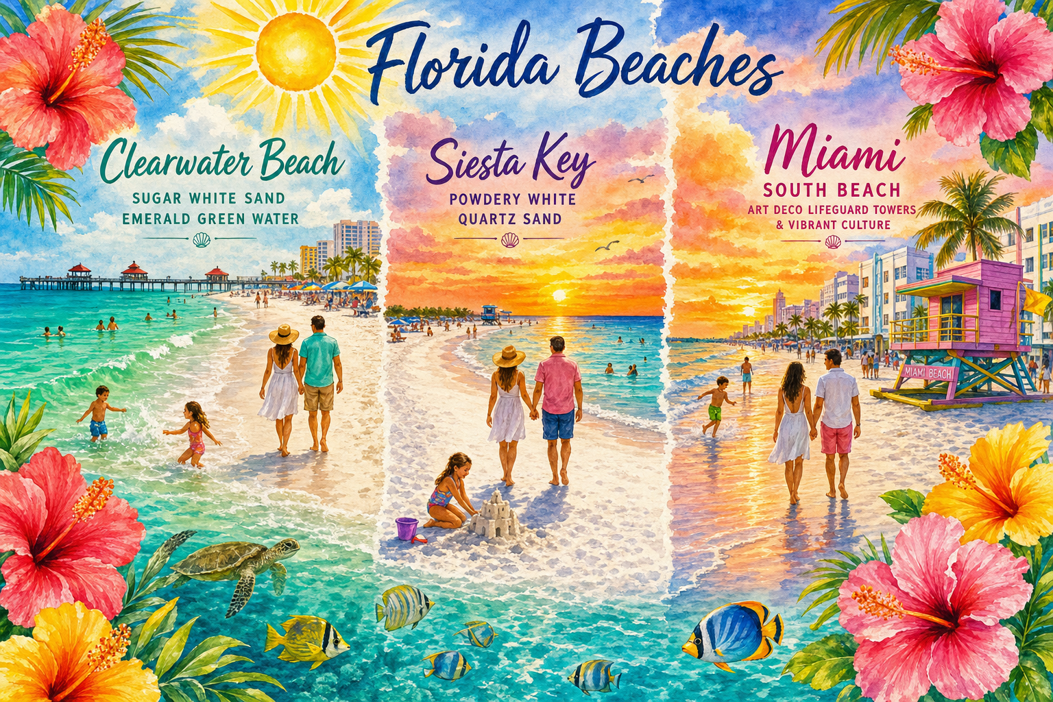 Three iconic Florida beaches: Clearwater Beach, Siesta Key, and Miami South Beach with colorful scenes
