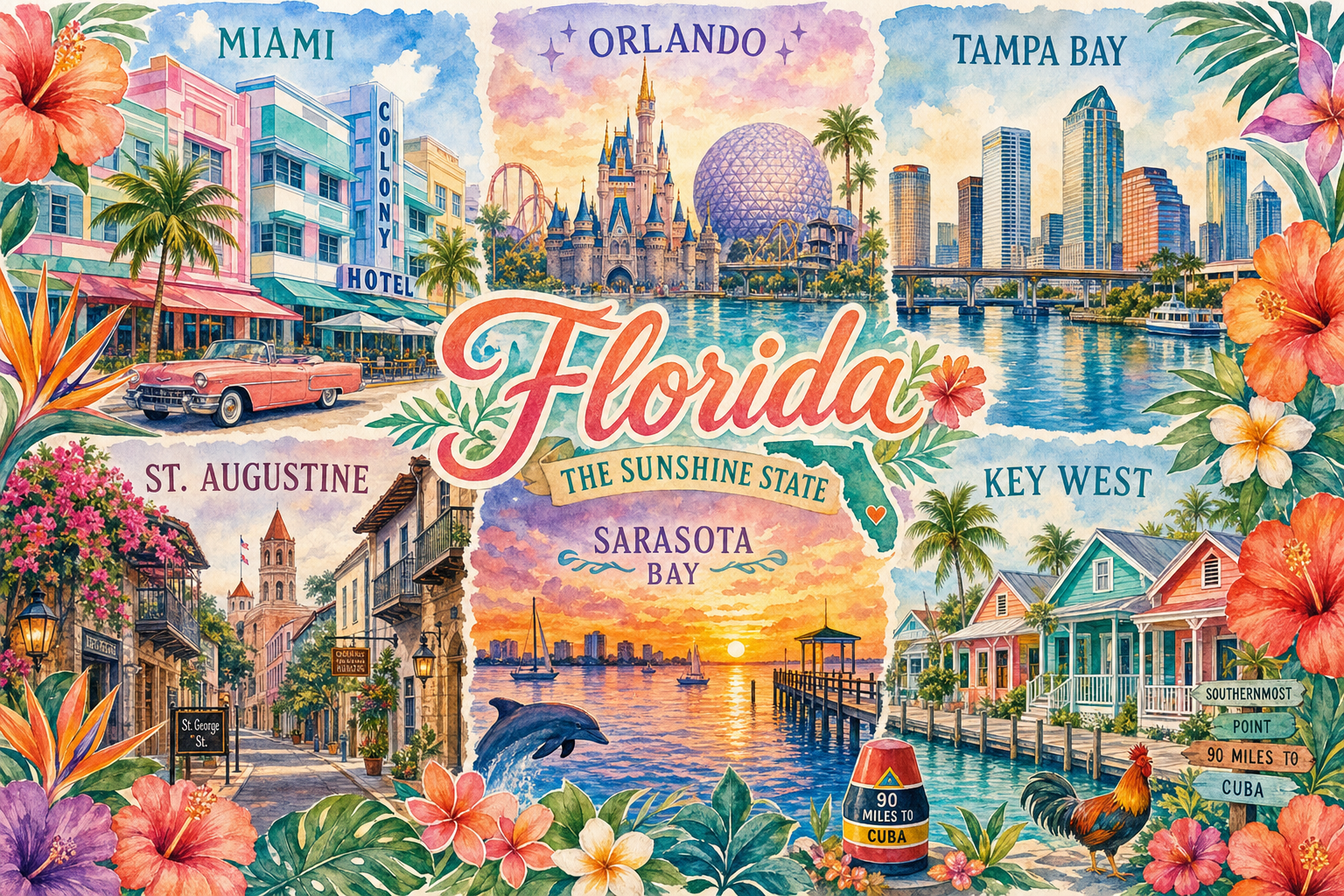 Colorful illustrated collage of Florida cities including Miami, Orlando, Tampa Bay, St. Augustine, Sarasota, and Key West