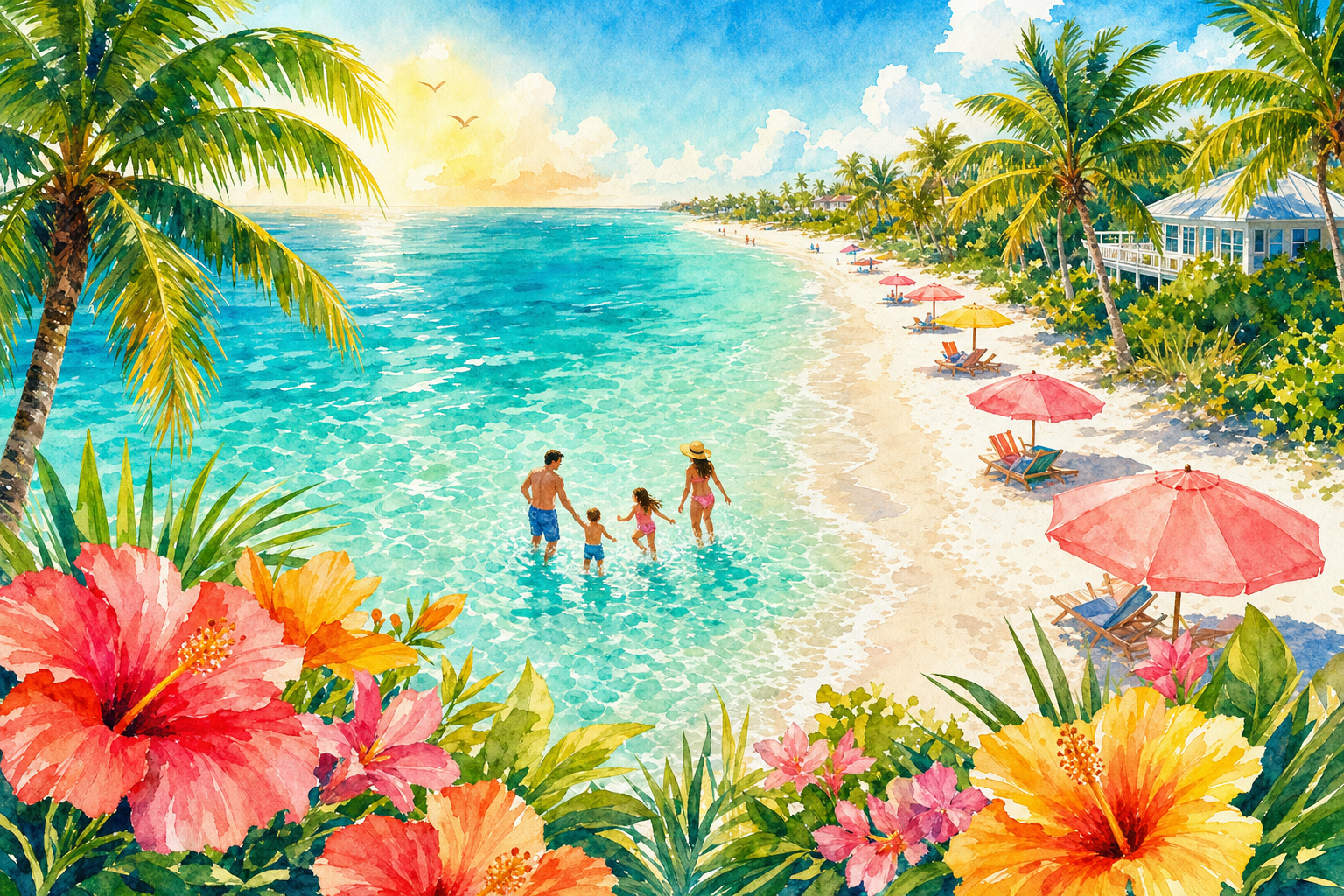 Beautiful Florida beach with crystal clear turquoise water, palm trees, and colorful beach umbrellas