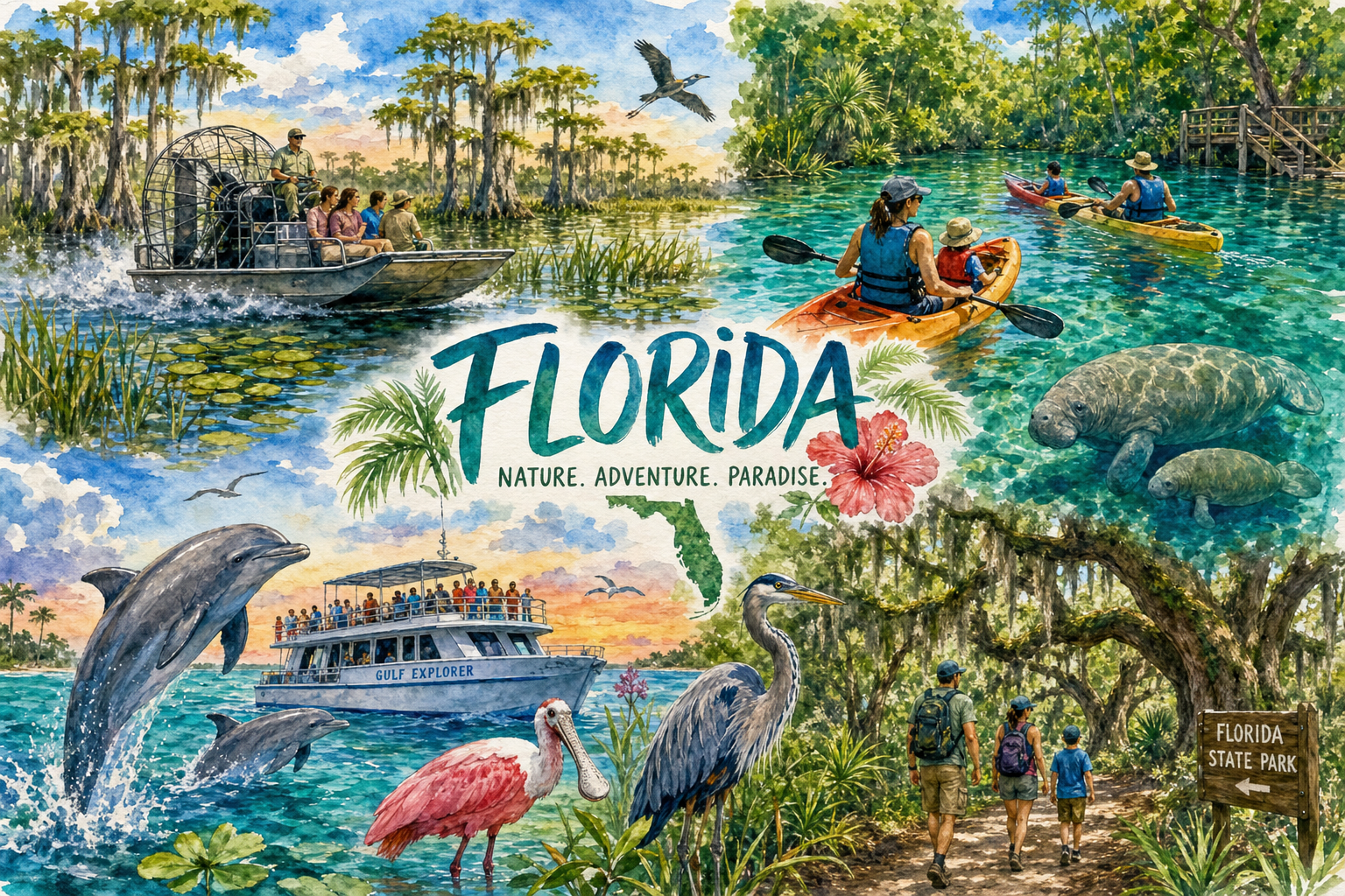 Florida nature adventures including airboat rides through the Everglades, kayaking in crystal springs, dolphin tours, and hiking through state parks